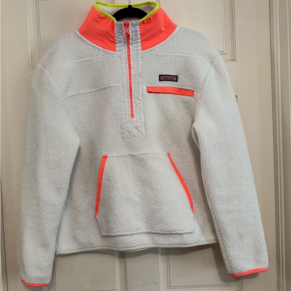 Patagonia Women's White Fleece Pullover with Neon Coral Trim